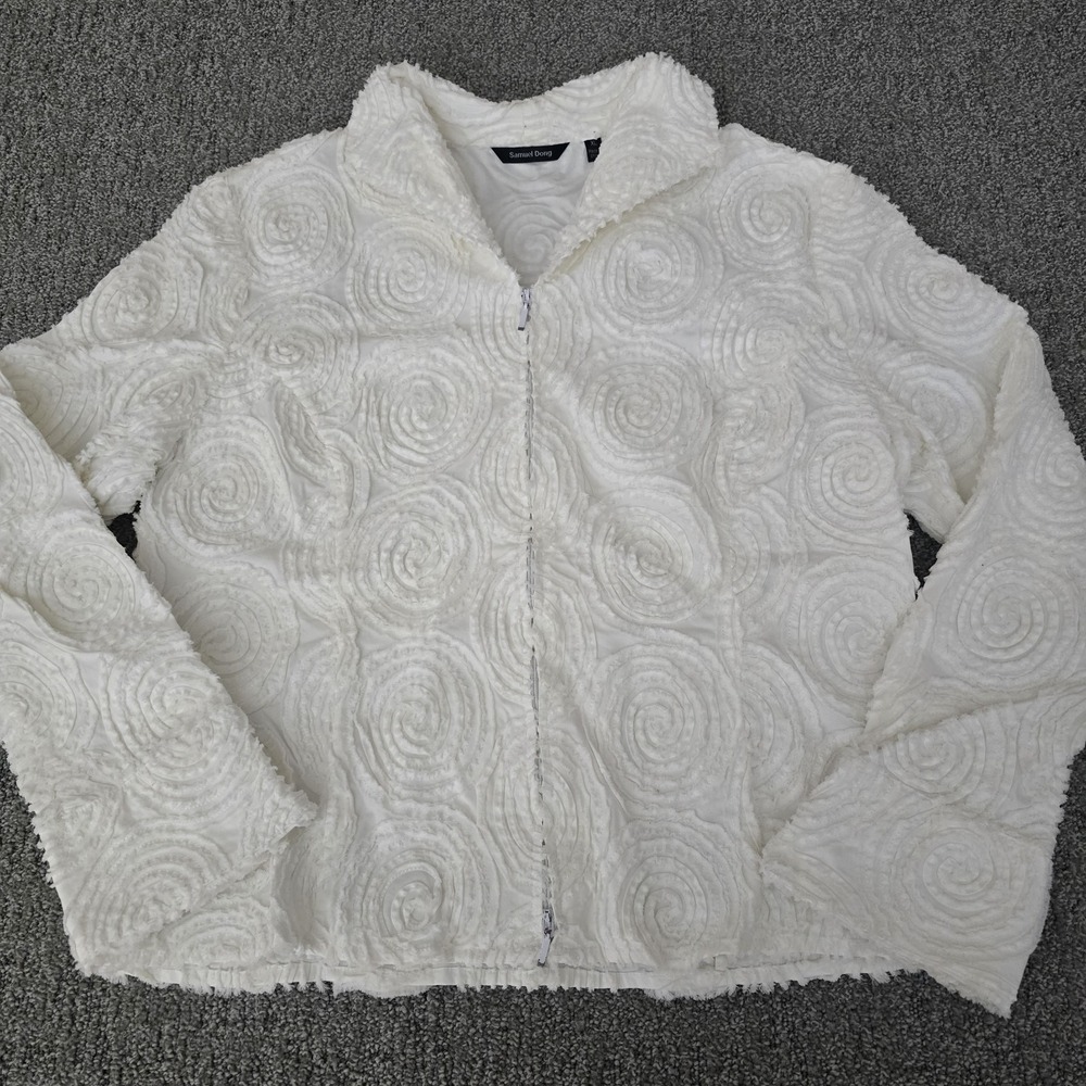 Samuel Dong Art to Wear Textured‎ Zip Up Jacket White V-Neck Womens XL Whimsy